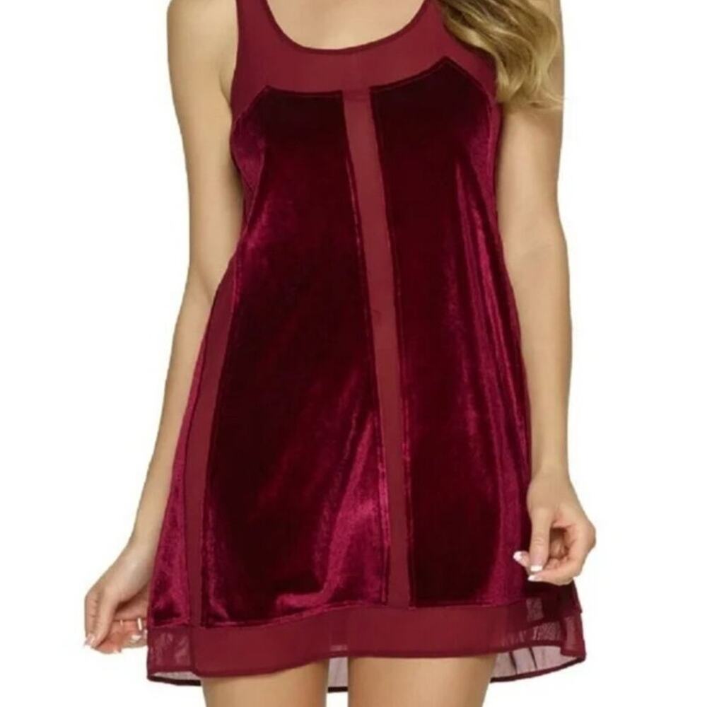 Felina, Velvet Lingerie Sleepwear Modal Lace Adjustable Chemise Maroon Small